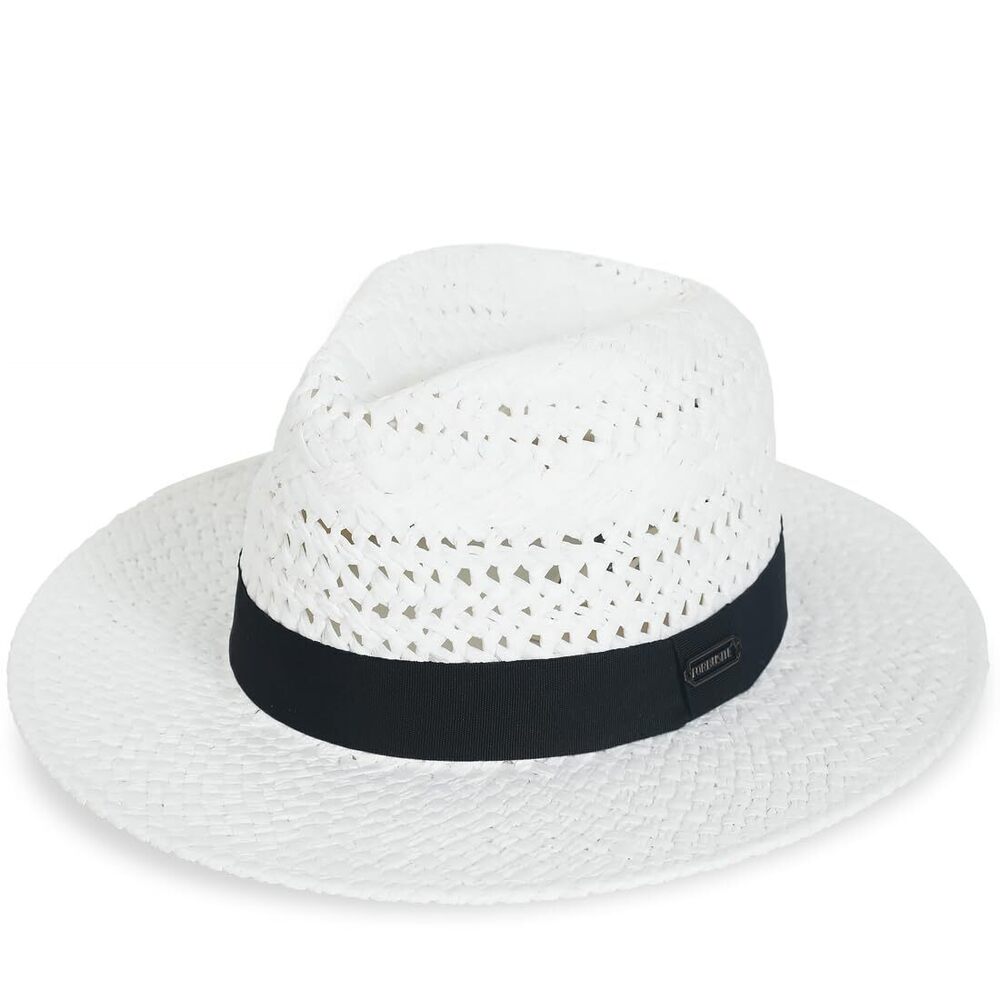 3196 Vented Panama Fedora Sun Hat , Black Ribbon and Patterned Weave Accent